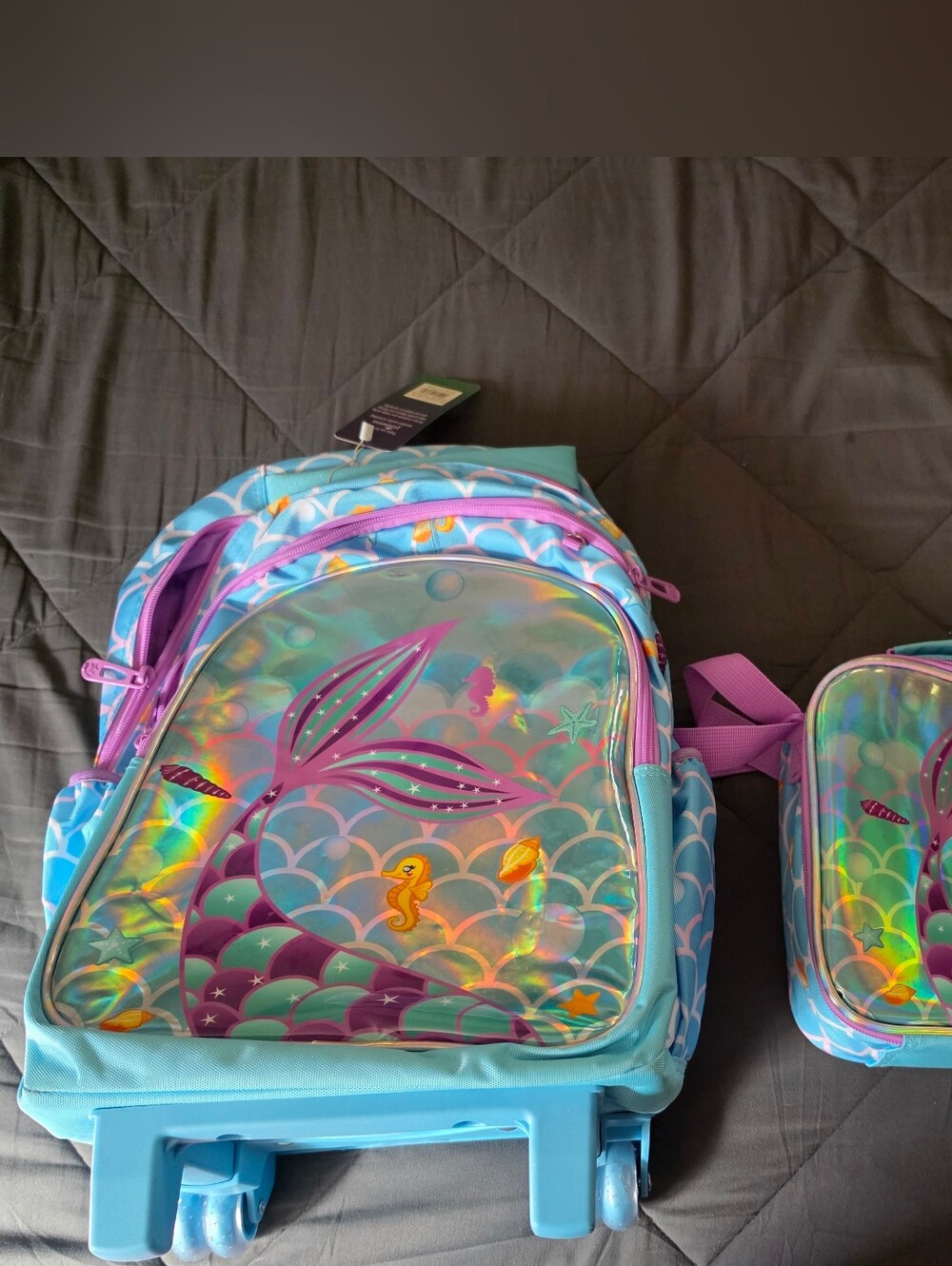 Holographic Mermaid Kids Rolling Backpack and Lunch Bag Set - Teal & Purple